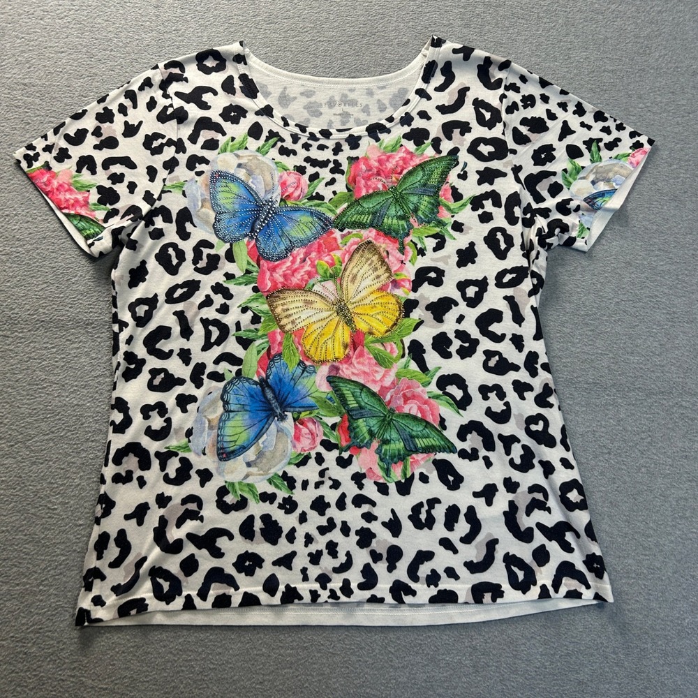 Comfort Favorites Graphic Tee Short Sleeve Womens L Leopard Butterfly Floral Top